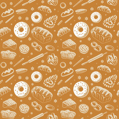 This captivating image showcases an intricate pattern of various bakery items such as bread, cookies, and pastries, ideal for food-related projects and designs.