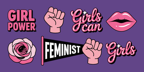 A lively graphic assortment that celebrates feminism through striking illustrations of empowering symbols, phrases, and colors, promoting equality and girl empowerment.
