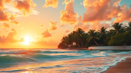Tropical Beach Sunset with Palm Trees and Golden Sky