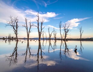 Dead trees reflected in still water at sunset