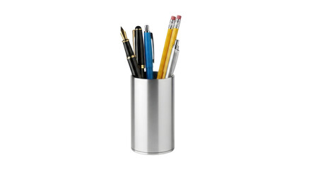 Metal pen and pencil holder with pens and pencils isolated PNG with Transparent Background