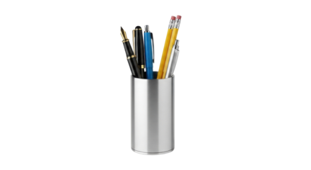 Metal pen holder containing pens and pencils isolated PNG with Transparent Background