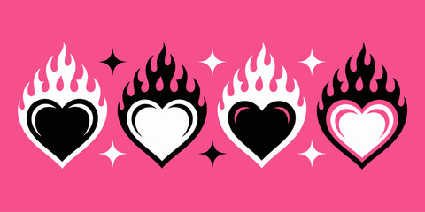 This vibrant image showcases eye-catching flaming hearts in striking colors, capturing the essence of love and passion, articulated through modern artistic styles and playful designs.