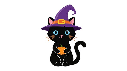Mystical Cat and Pumpkin: A charming black cat wearing a witch hat holds a miniature pumpkin.  A whimsical illustration perfect for Halloween decorations and themed projects.