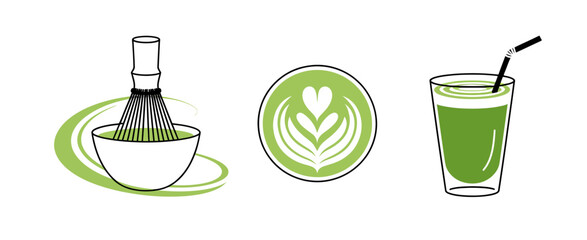 This image showcases matcha preparation tools, featuring a bowl, whisk, and a glass showcasing a green drink, symbolizing wellness, tradition, and artistry.