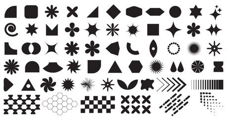 Abstract geometric shapes,grids and pattern. Brutal contemporary figure star oval spiral flower and other primitive elements. Children and adult or trendy design. Vector & doodles design.