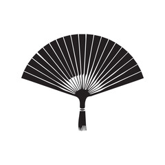 An open black paper folding fan with a delicate pattern, a traditional Japanese and Chinese accessory of bamboo and wood, is isolated on a white background