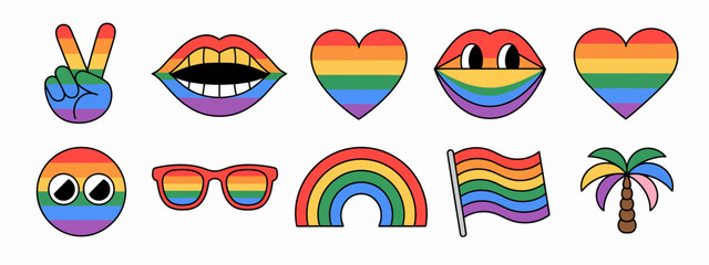 A collection of playful, rainbow-themed emojis embodies the spirit of joy and connection, featuring lips, hearts, and flags that celebrate diversity and love among individuals.