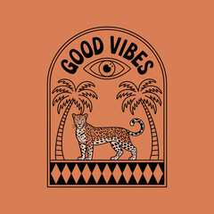 A vibrant design featuring a leopard among palm trees and the text 'Good Vibes', encapsulating a lively spirit suitable for various creative projects and artwork.