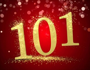 Gold number 101 on red background with glitter and fireworks
