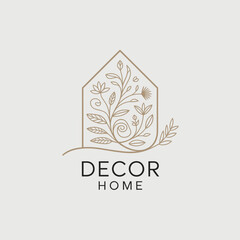 This logo design showcases an artistic representation of a house with intricate floral elements, embodying a harmonious blend of home comfort, creativity, and nature's essence.