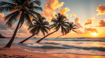 Tropical Beach Sunset with Palm Trees and Golden Sky