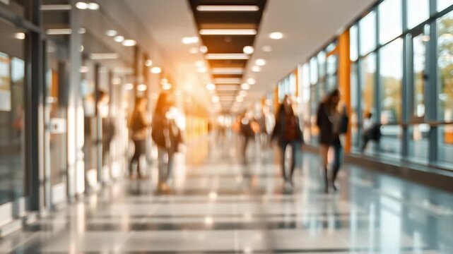 Students walk through a vibrant school corridor, bustling with activity. Large windows allow natural light to fill the bright interior, creating an inviting atmosphere for learning.