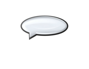 A shiny, white speech bubble with a shadow and angled tail over black