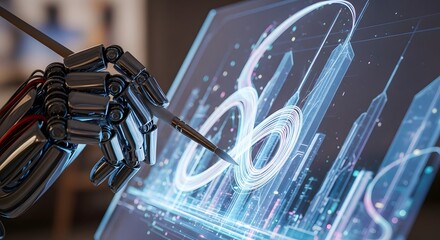 Advanced AI robot hand interacts with a holographic screen, designing a futuristic digital cityscape