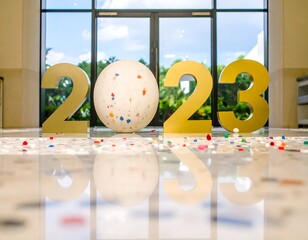 Gold numerals 2023, a white speckled egg, and colorful confetti