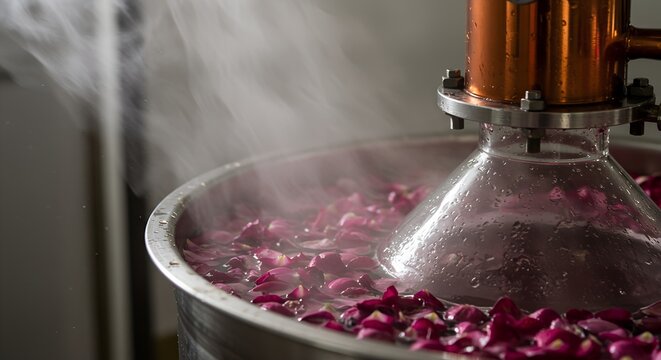Rose Petals Distillation Process - Aromatic Essence Extraction.