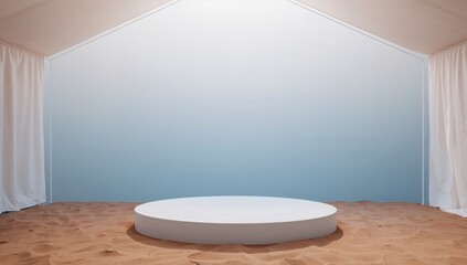 Inside a minimal tent space, a circular white platform sits on a sandy floor in front of a blue gradient background, adorned with white curtains on either side, creating an inviting interior setting.