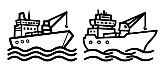Vector art of fishing vessel with crane, representing maritime industry and sea transportation