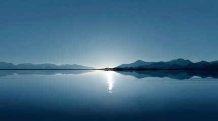 穏やかな湖と青い山の風景 夕暮れ時の静寂
