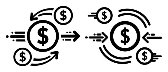 Vector art of money flow icon set, depicting the movement of funds in and out