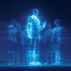 Futuristic Hologram of Leader Inspiring a Group in a Digital Environment