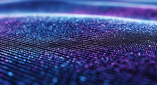 Abstract digital wave of glowing blue and purple particles, representing data flow and technology. - Powered by Adobe