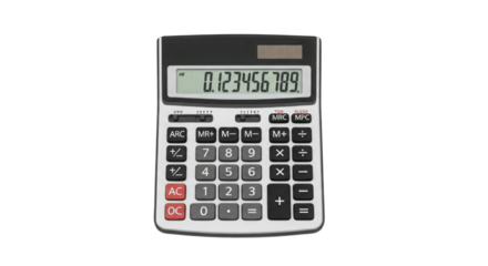Calculator displaying numbers 0.123456789 isolated PNG with Transparent Background