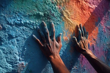 Hands of Different Colors Creating a Unity Mural with Vibrant Paint on a Wall