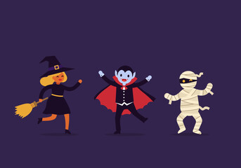 Illustration of Halloween characters including a witch, vampire, and mummy, all smiling.