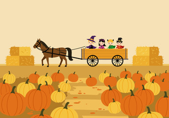 Children in Halloween costumes enjoy a hayride in a horse-drawn cart through a pumpkin patch during autumn. © hudhi