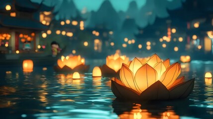 池に浮かぶロータスランタンの幻想的な夜景