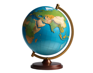 A vibrant, detailed globe on a wooden stand, showing continents and oceans against black