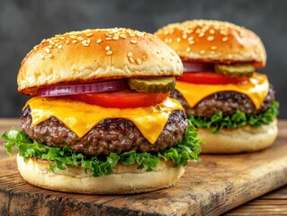 Juicy cheeseburgers stacked with fresh ingredients on sesame seed buns, served on a wooden board, showcasing a delicious meal.
