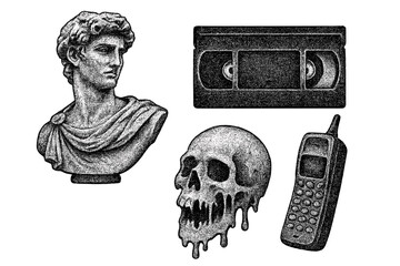 Retro Y2K grunge elements set. Antique Greek statue bust, melting skull, VHS cassette, old cellphone icons. Grainy photocopy texture for poster, t-shirt, or brand design.
