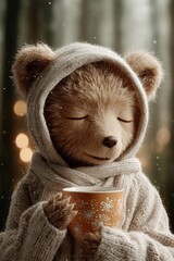 Adorable teddy bear wearing cozy winter sweater holding festive mug, peaceful snowy background, perfect for holiday cards, children books, Christmas posters, winter decor