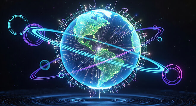 Futuristic digital Earth with glowing data streams and interconnected rings representing global technology and communication.