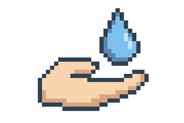 Hand holding a water drop in pixel art style. Vector icon concept for water conservation, charity, donation, saving resources, ecology, environment, and pure liquid. 8-bit retro.