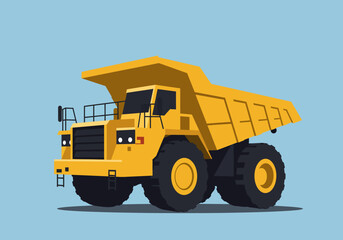 A bright yellow mining dump truck with large wheels is depicted in a side profile against a solid light blue background.