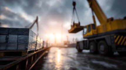 Industrial crane lifts cargo at a wet port during a dramatic sunrise or sunset with atmospheric lighting