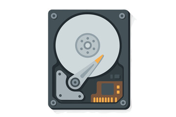 Hard disk drive vector illustration, top view of internal computer hardware. PC equipment for data storage and memory. Technology concept flat icon with open components.