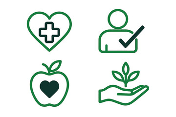 Health benefits icon set. Vector line icons for good health, medical care, insurance, and wellness concepts. Healthy lifestyle, nutrition, ecology. Heart, cross, apple symbols.