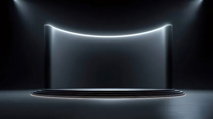 黒背景に光る枠と台座のある抽象的なステージ