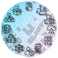 INNOVATION AND DIGITALIZATION OF PROPERTY CADASTRAL SYSTEM - Abstract visualization of real estate registry with cadastral map, geospatial data, urban planning, land management, innovation 