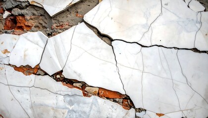 Decaying white tiles over a brick wall