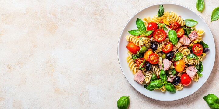 A vibrant plate of pasta salad with colorful cherry tomatoes, olives, and fresh basil garnishes, set against a light background.