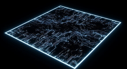 Abstract digital circuit board with glowing blue lines on a black background, representing technology and data flow.