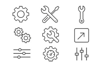 Settings and tools line icon set. Gear, cog, wrench, and sliders vector collection. UI UX design elements. Configuration, maintenance, repair, and control panel symbols.