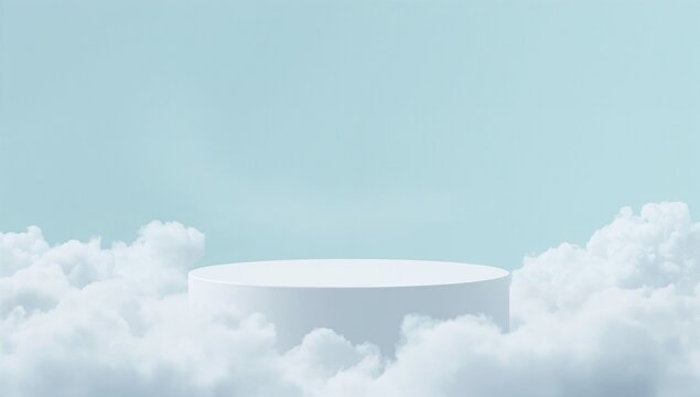 The serene image captures a minimalist design with a white cylindrical podium rising from soft, fluffy clouds against a pale blue sky.