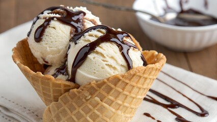 Vanilla ice cream scoops in waffle cone with chocolate syrup